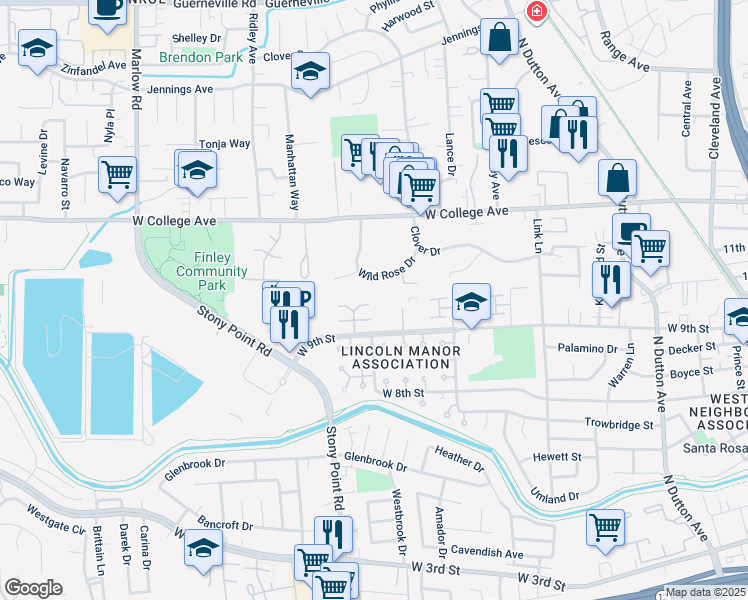 map of restaurants, bars, coffee shops, grocery stores, and more near 742 Agnew Place in Santa Rosa