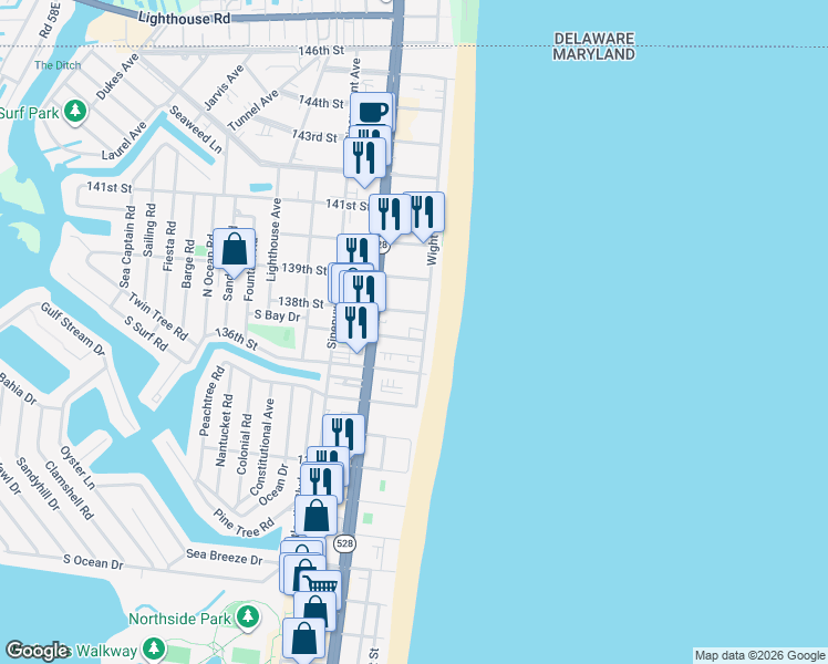 map of restaurants, bars, coffee shops, grocery stores, and more near 2 137th Street in Ocean City