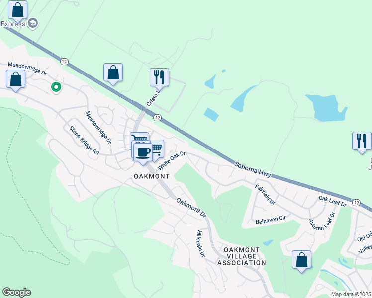 map of restaurants, bars, coffee shops, grocery stores, and more near 219 White Oak Drive in Santa Rosa