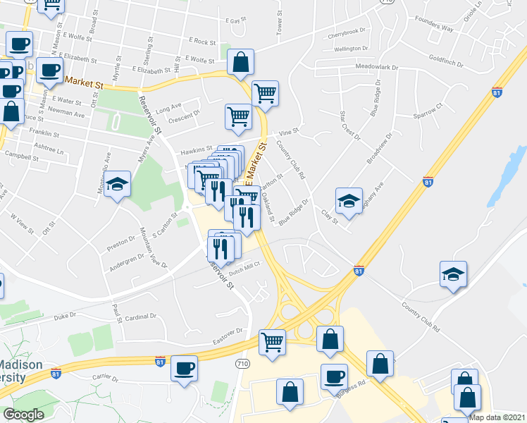 map of restaurants, bars, coffee shops, grocery stores, and more near 911 Oakland Street in Harrisonburg