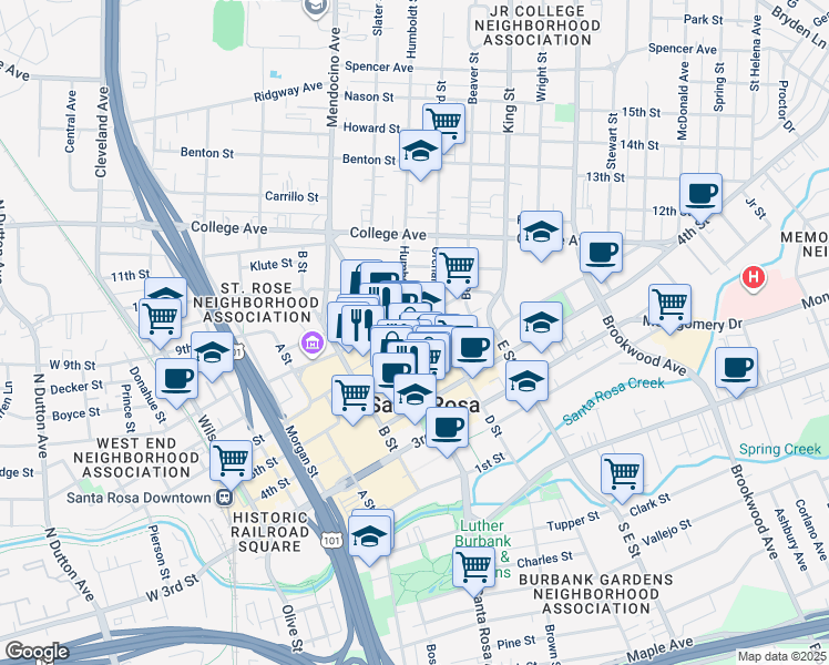 map of restaurants, bars, coffee shops, grocery stores, and more near 462 Mendocino Avenue in Santa Rosa