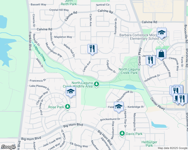map of restaurants, bars, coffee shops, grocery stores, and more near 6001 Jacinto Avenue in Sacramento