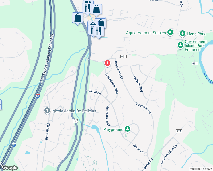 map of restaurants, bars, coffee shops, grocery stores, and more near 408 Hatchers Run Court in Stafford