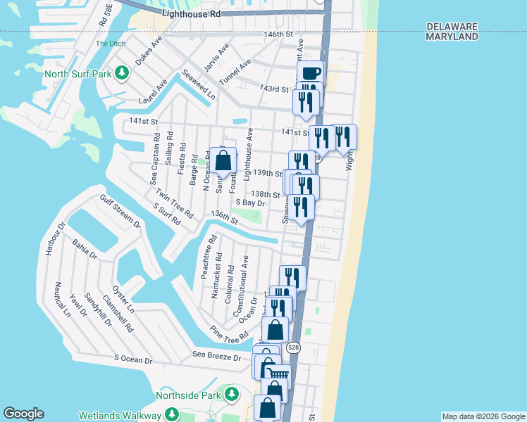 map of restaurants, bars, coffee shops, grocery stores, and more near 300 136th Street in Ocean City