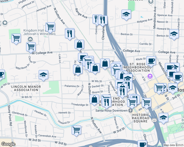 map of restaurants, bars, coffee shops, grocery stores, and more near 928 North Dutton Avenue in Santa Rosa