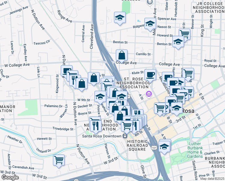 map of restaurants, bars, coffee shops, grocery stores, and more near 130 Scott Street in Santa Rosa