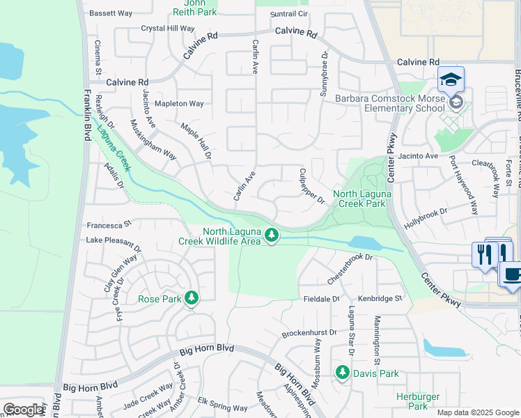 map of restaurants, bars, coffee shops, grocery stores, and more near 6001 Jacinto Avenue in Sacramento
