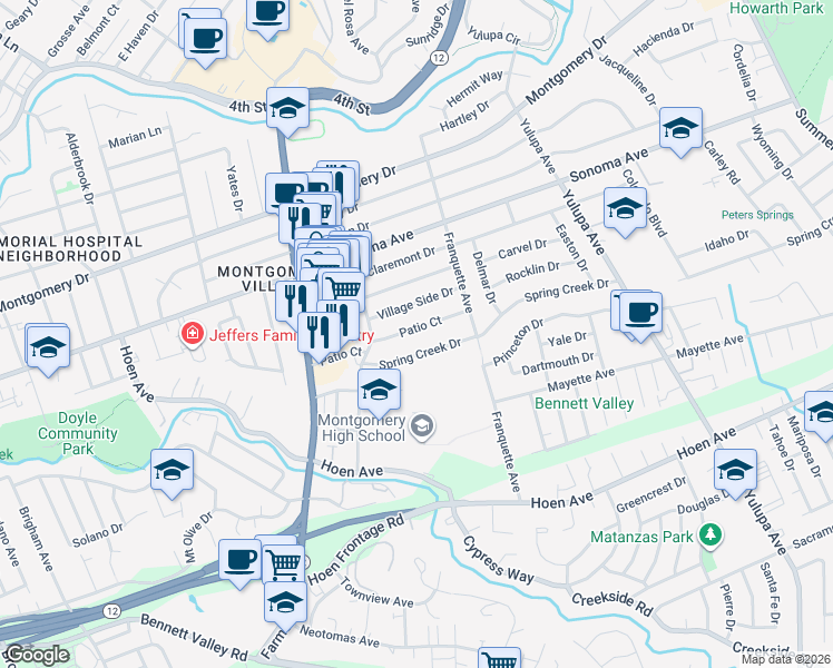 map of restaurants, bars, coffee shops, grocery stores, and more near 2614 Patio Court in Santa Rosa