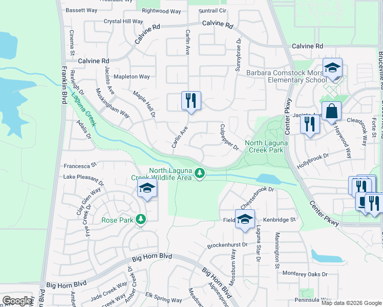 map of restaurants, bars, coffee shops, grocery stores, and more near 6001 Jacinto Avenue in Sacramento
