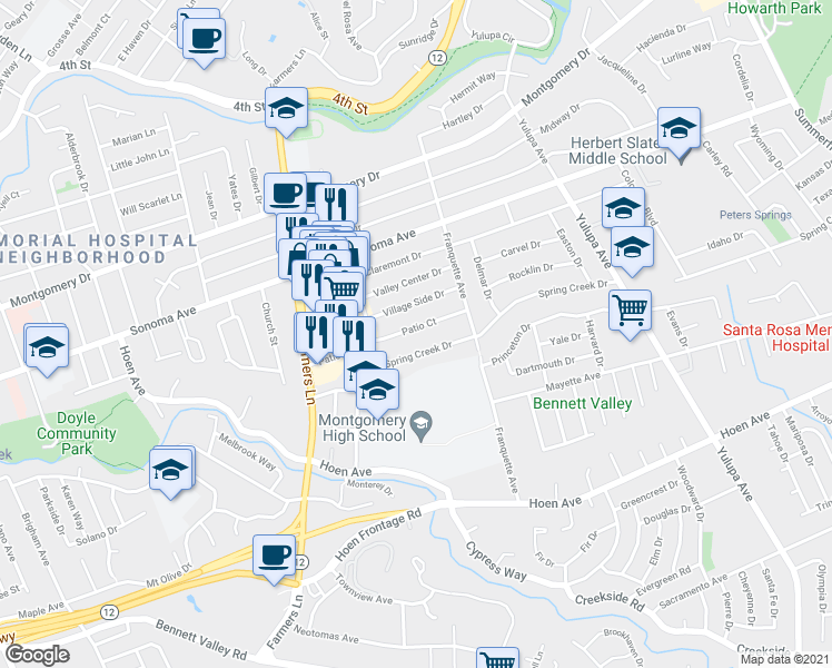 map of restaurants, bars, coffee shops, grocery stores, and more near 2541 Spring Creek Drive in Santa Rosa