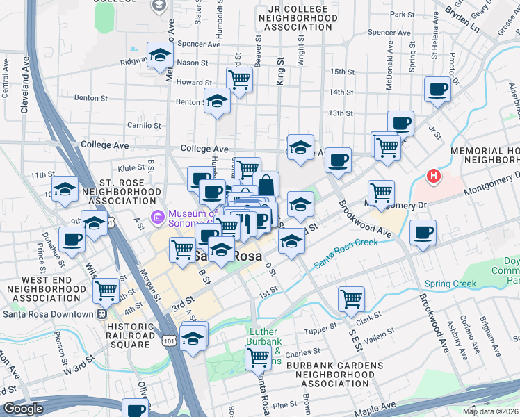 map of restaurants, bars, coffee shops, grocery stores, and more near 431 Beaver Street in Santa Rosa