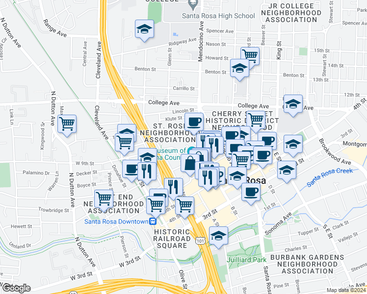 map of restaurants, bars, coffee shops, grocery stores, and more near 521 A Street in Santa Rosa