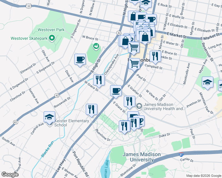 map of restaurants, bars, coffee shops, grocery stores, and more near 802 South Main Street in Harrisonburg
