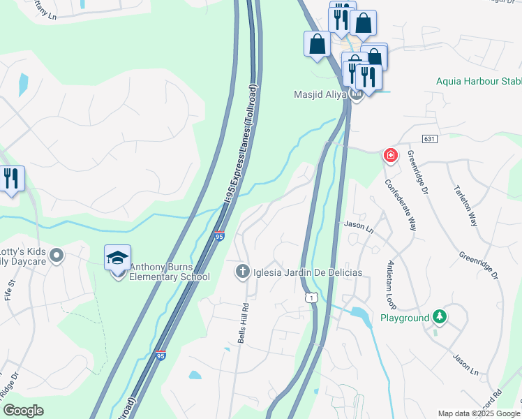 map of restaurants, bars, coffee shops, grocery stores, and more near 104 Belladonna Lane in Stafford