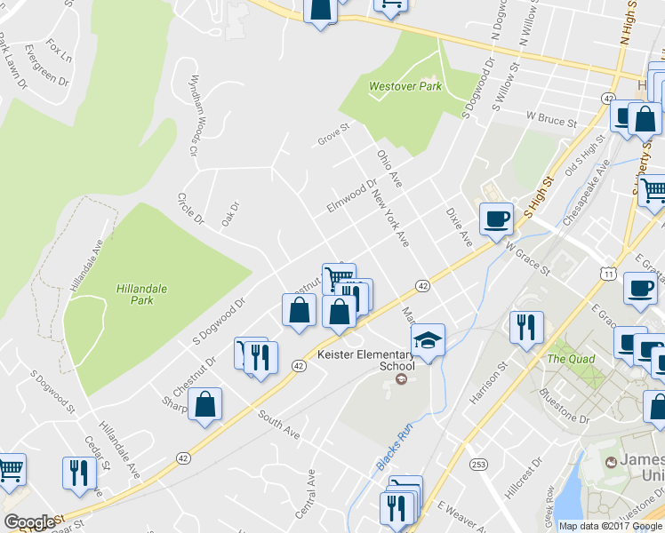map of restaurants, bars, coffee shops, grocery stores, and more near 901 Chestnut Drive in Harrisonburg