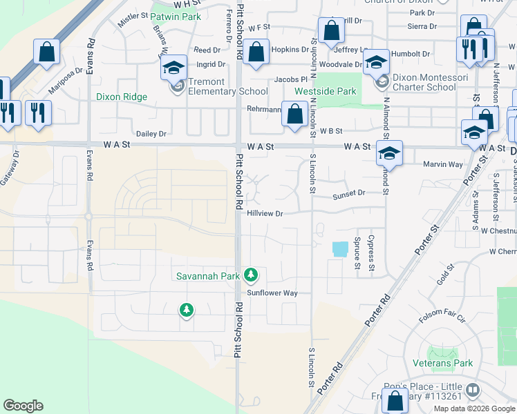 map of restaurants, bars, coffee shops, grocery stores, and more near 1345 Hillview Drive in Dixon