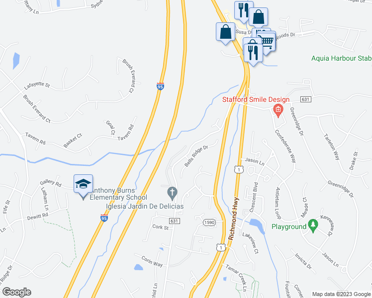 map of restaurants, bars, coffee shops, grocery stores, and more near 104 Belladonna Lane in Stafford