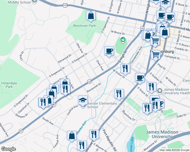 map of restaurants, bars, coffee shops, grocery stores, and more near 201 Ohio Avenue in Harrisonburg