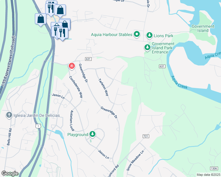 map of restaurants, bars, coffee shops, grocery stores, and more near 4 Edgecliff Lane in Stafford