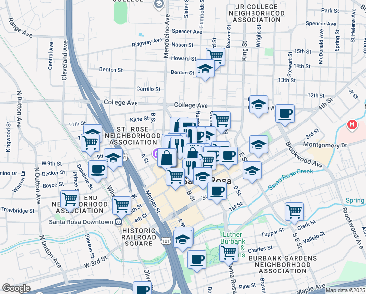 map of restaurants, bars, coffee shops, grocery stores, and more near 522 7th Street in Santa Rosa