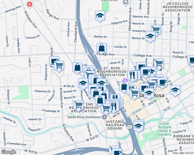 map of restaurants, bars, coffee shops, grocery stores, and more near 140 Scott Street in Santa Rosa