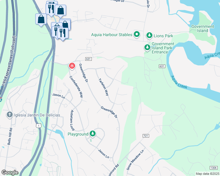 map of restaurants, bars, coffee shops, grocery stores, and more near 4 Edgecliff Lane in Stafford