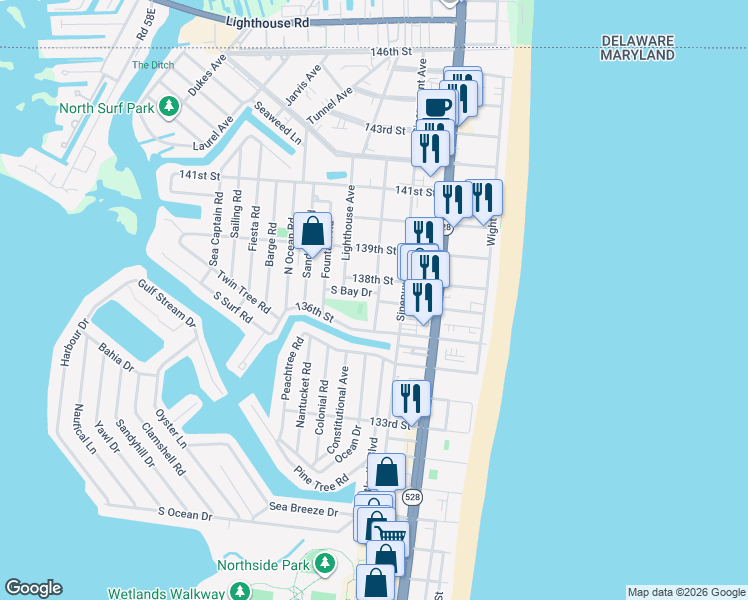 map of restaurants, bars, coffee shops, grocery stores, and more near 208 138th Street in Ocean City
