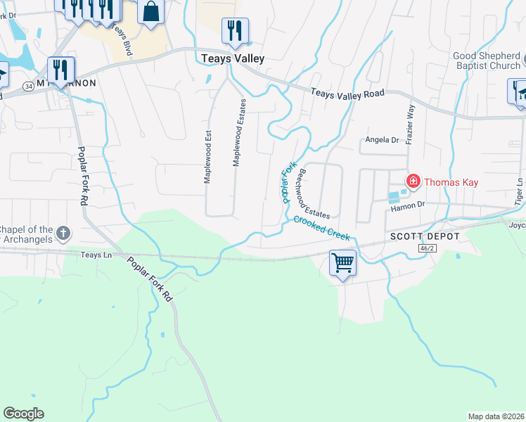 map of restaurants, bars, coffee shops, grocery stores, and more near 408 Beechwood Estates in Teays Valley