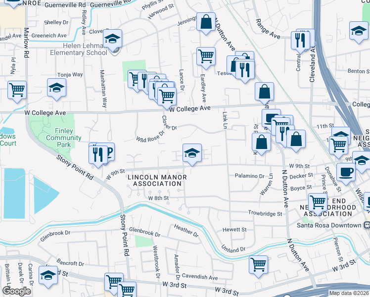 map of restaurants, bars, coffee shops, grocery stores, and more near 720 Blossom Way in Santa Rosa