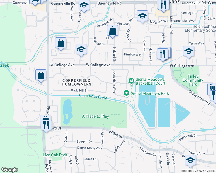 map of restaurants, bars, coffee shops, grocery stores, and more near 1045 Stanislaus Way in Santa Rosa