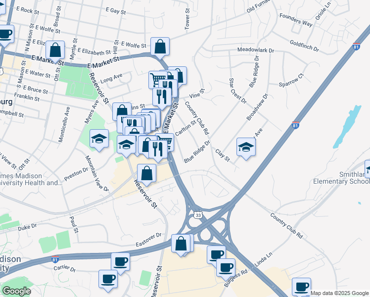 map of restaurants, bars, coffee shops, grocery stores, and more near 903 Oakland Street in Harrisonburg