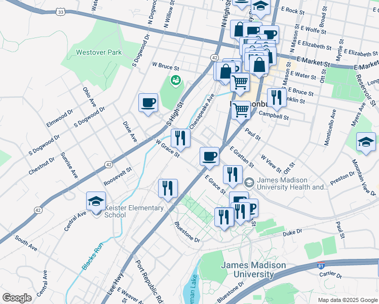 map of restaurants, bars, coffee shops, grocery stores, and more near 11 Cantrell Avenue in Harrisonburg