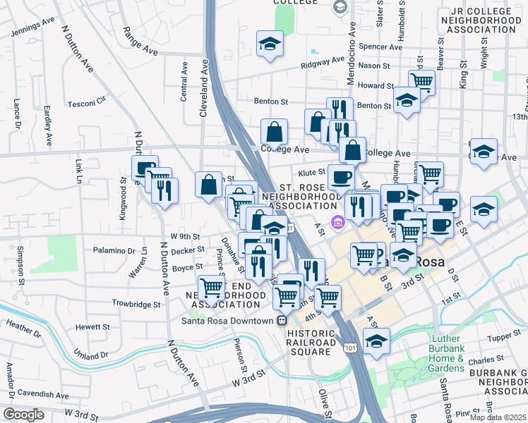 map of restaurants, bars, coffee shops, grocery stores, and more near 150 Scott Street in Santa Rosa
