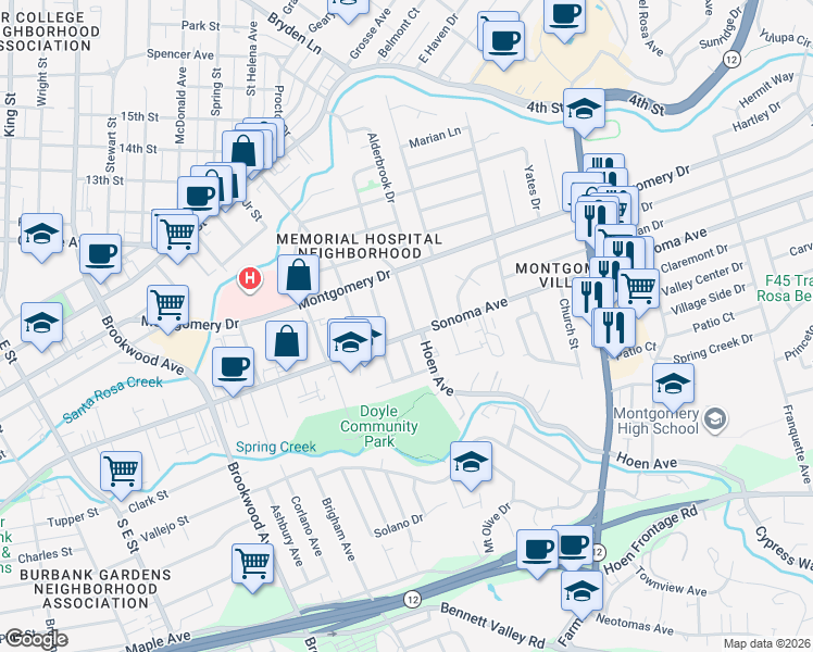 map of restaurants, bars, coffee shops, grocery stores, and more near 1571 Sonoma Avenue in Santa Rosa