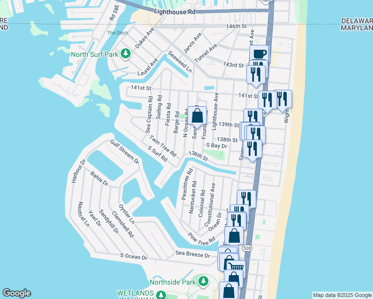 map of restaurants, bars, coffee shops, grocery stores, and more near 13703 North Ocean Road in Ocean City