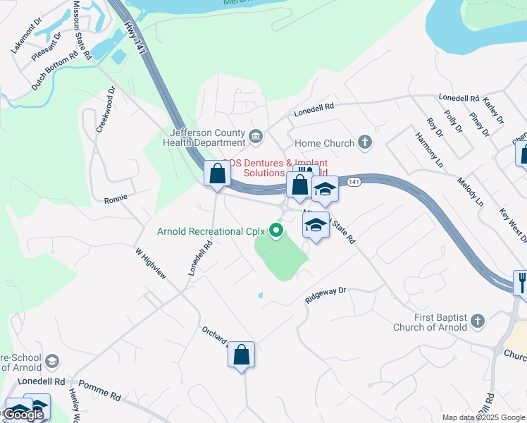 map of restaurants, bars, coffee shops, grocery stores, and more near 1671 Missouri State Road in Arnold