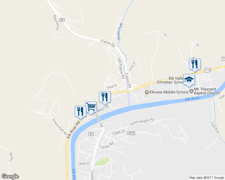 map of restaurants, bars, coffee shops, grocery stores, and more near 591 Elk River Road North in Clendenin