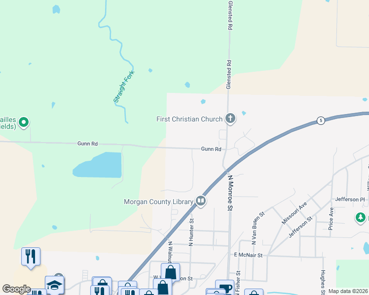 map of restaurants, bars, coffee shops, grocery stores, and more near 120 Gunn Road in Versailles