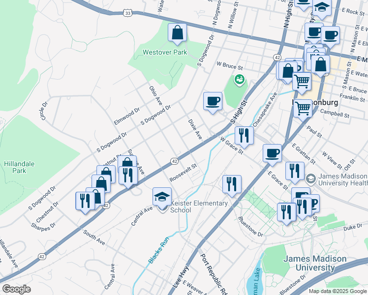 map of restaurants, bars, coffee shops, grocery stores, and more near 209 Ohio Avenue in Harrisonburg