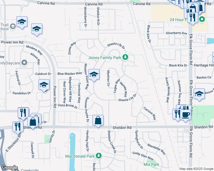 map of restaurants, bars, coffee shops, grocery stores, and more near 8640 Mystras Circle in Elk Grove
