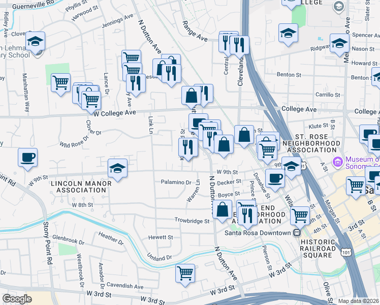 map of restaurants, bars, coffee shops, grocery stores, and more near 947 Kingwood Street in Santa Rosa