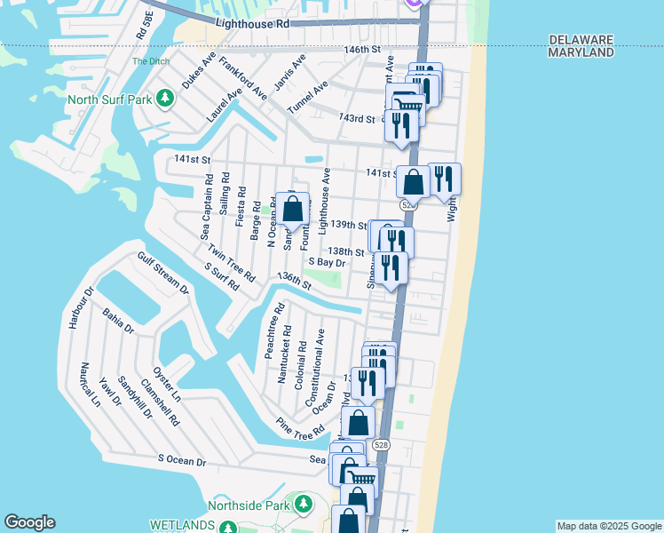 map of restaurants, bars, coffee shops, grocery stores, and more near 311 138th Street in Ocean City