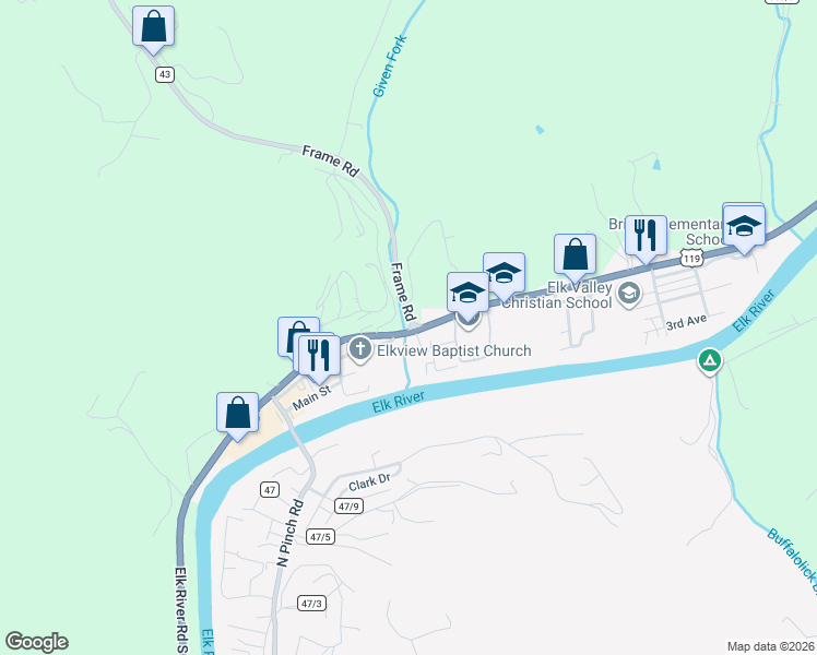 map of restaurants, bars, coffee shops, grocery stores, and more near 71 Turner Road in Elkview