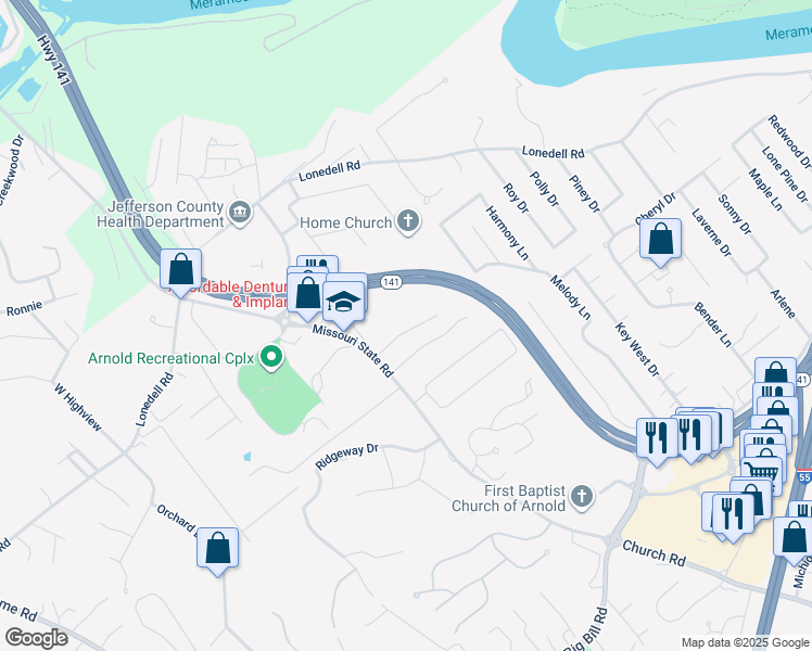 map of restaurants, bars, coffee shops, grocery stores, and more near 215 Crosswinds Drive in Arnold