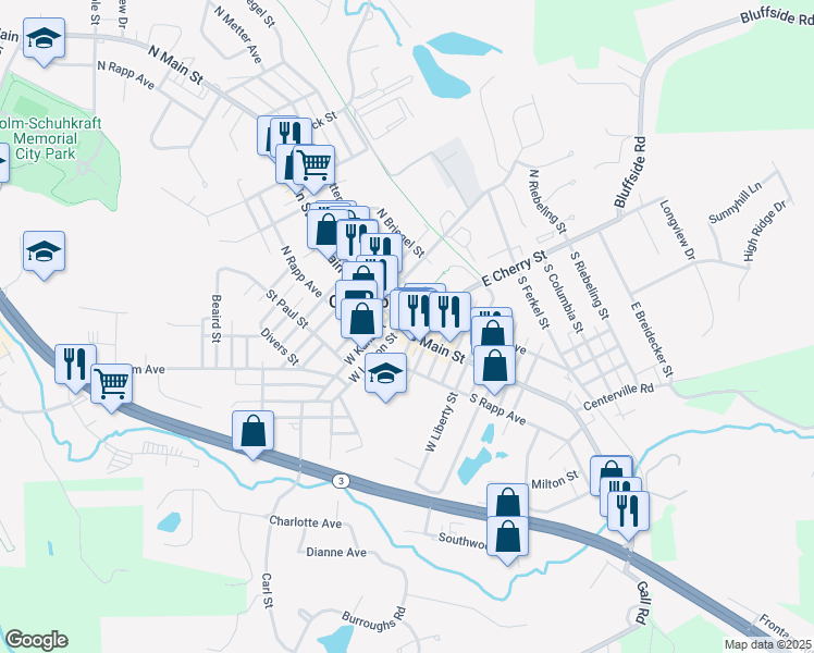 map of restaurants, bars, coffee shops, grocery stores, and more near 106 South Main Street in Columbia
