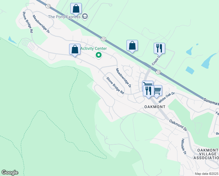 map of restaurants, bars, coffee shops, grocery stores, and more near 6520 Meadowgreen Place in Santa Rosa