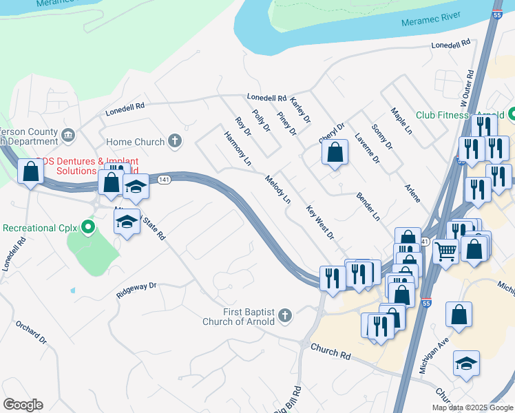 map of restaurants, bars, coffee shops, grocery stores, and more near 1873 Casa Drive in Arnold