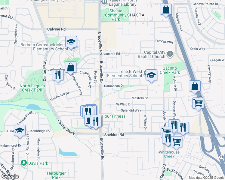 map of restaurants, bars, coffee shops, grocery stores, and more near 7448 Masters Street in Elk Grove