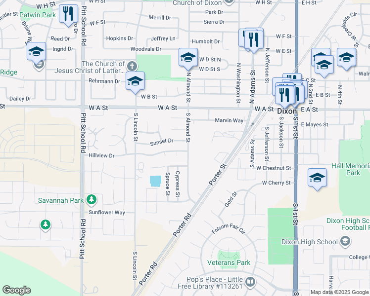 map of restaurants, bars, coffee shops, grocery stores, and more near 295 South Almond Street in Dixon