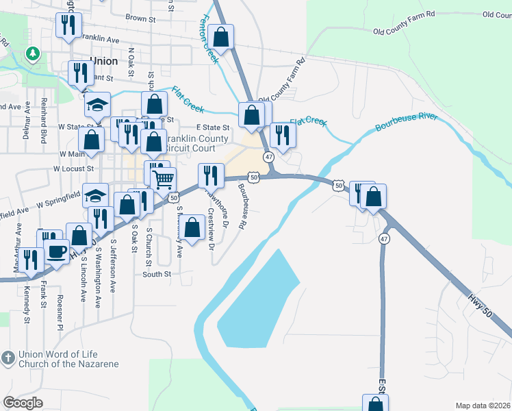 map of restaurants, bars, coffee shops, grocery stores, and more near 304 Bourbeuse Road in Union